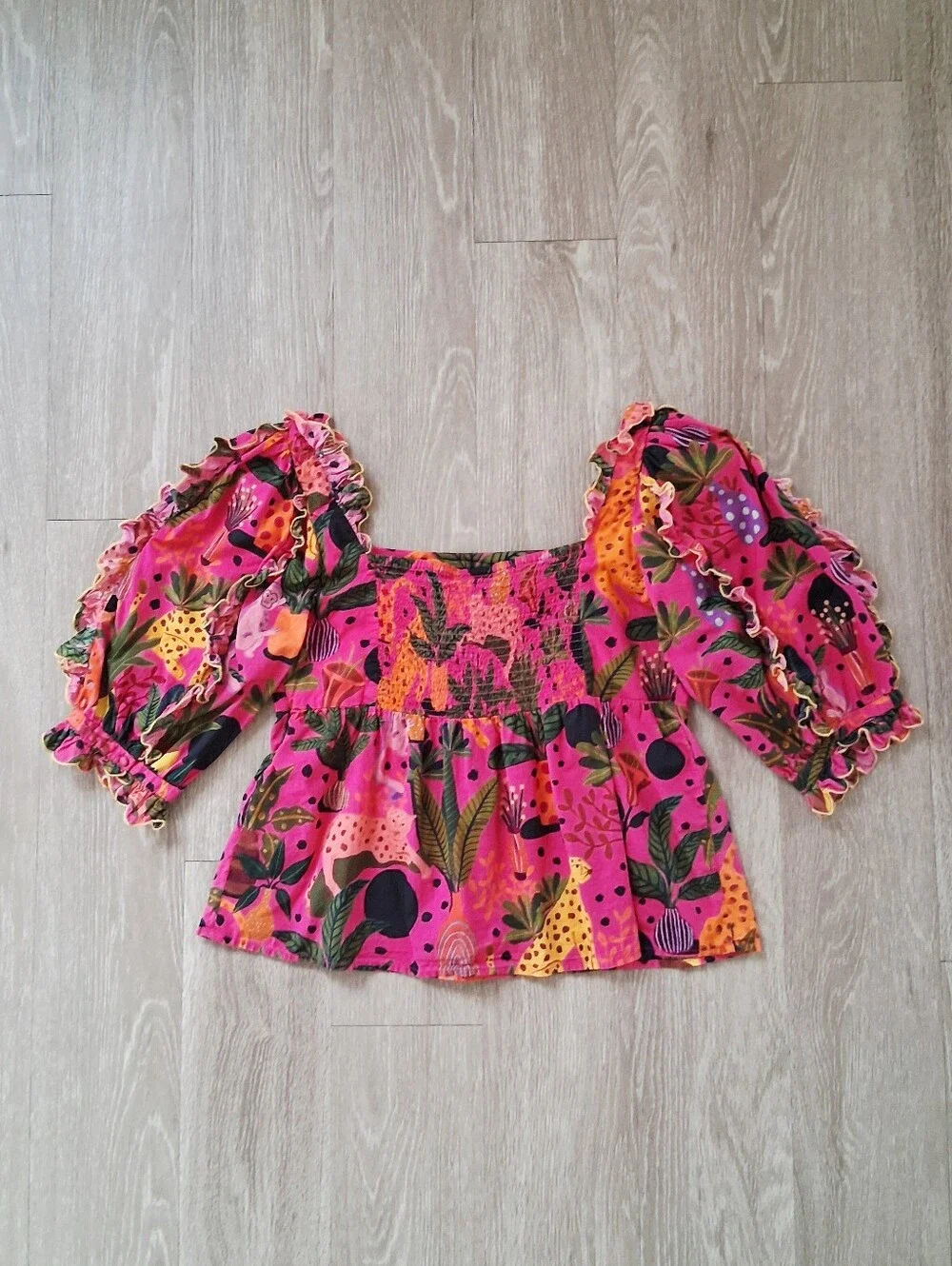 Farm Rio Pop Leopards Square Neck Puff Sleeve Blouse